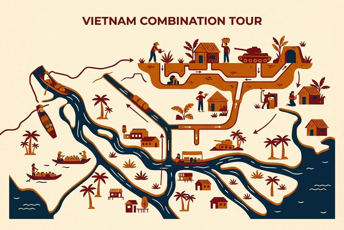 Simple split day itinerary infographic showing a morning icon at Cu Chi Tunnels and an afternoon icon at a Mekong Delta river scene connected by a line through Ho Chi Minh City, generic labels only