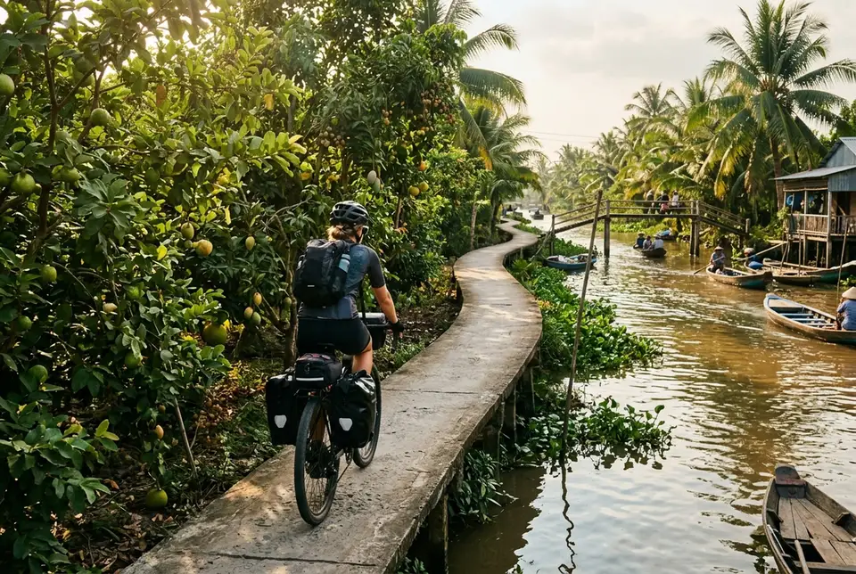 Traveler cycling a narrow raised path between fruit orchards and a canal on a mekong delta bike tour under dappled afternoon light