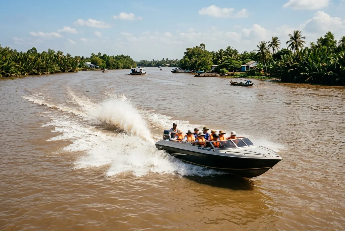 Sleek modern speedboat cutting through the open Mekong river with spray behind it on a mekong delta speed boat tour at midday