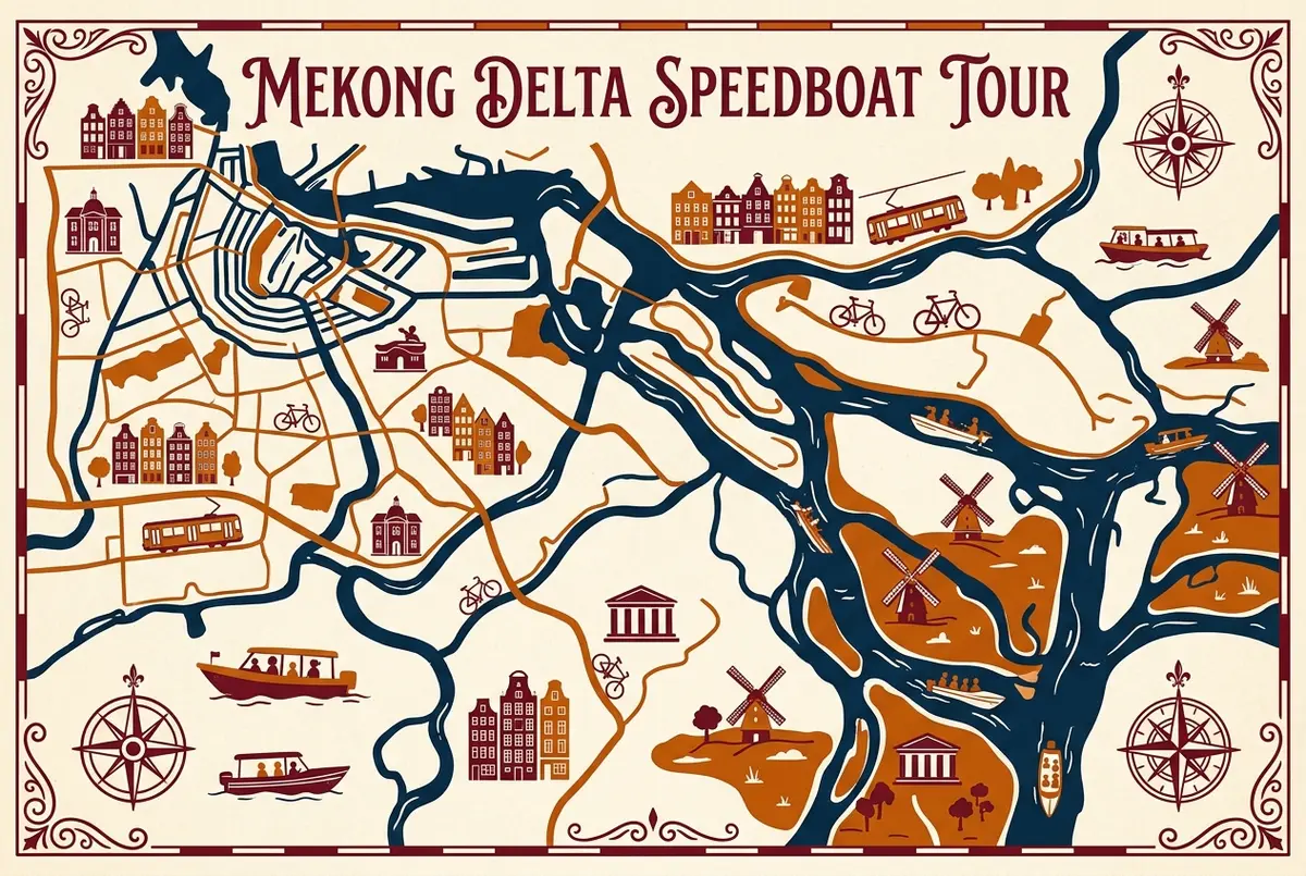 Simple side by side infographic comparing a slow wooden sampan icon on a narrow canal against a fast speedboat icon on open water, generic labels only, no text