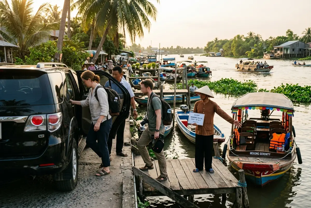 Couple stepping off a private car into a quiet My Tho pier with their own guide waiting on a private mekong delta tour
