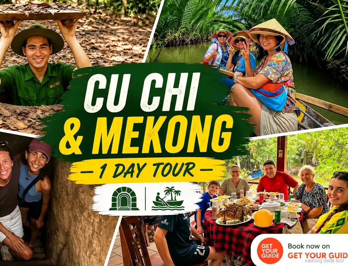 Guide leading a small group through the Cu Chi Tunnels on the Cu Chi Tunnels and Mekong Delta tour