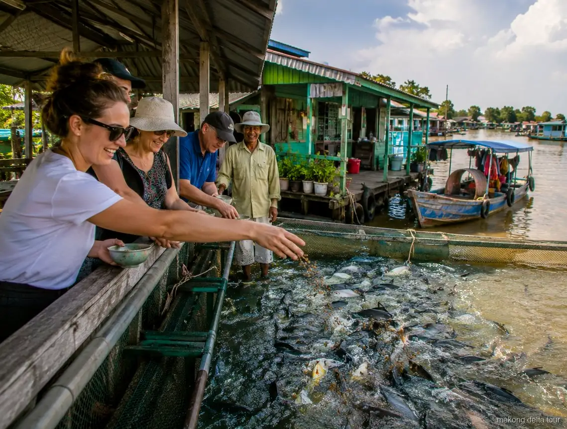 Feeding fish at a floating fish farm on the Mekong Delta day tour